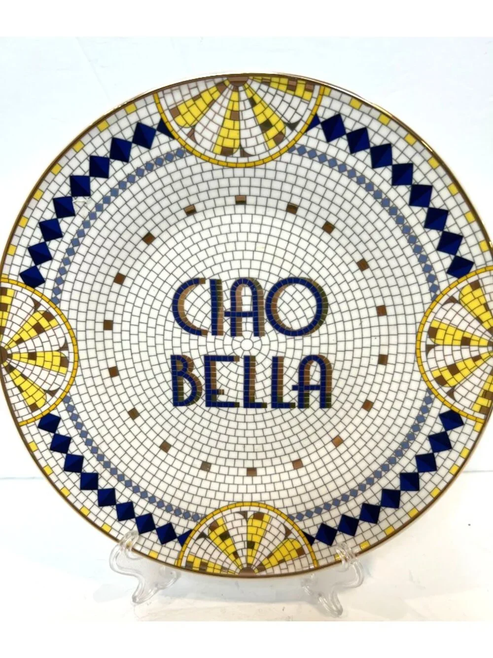 Anthroplogie Bistro Tile Stoneware 24k Gold Accent Italia Dessert Plate Lemon